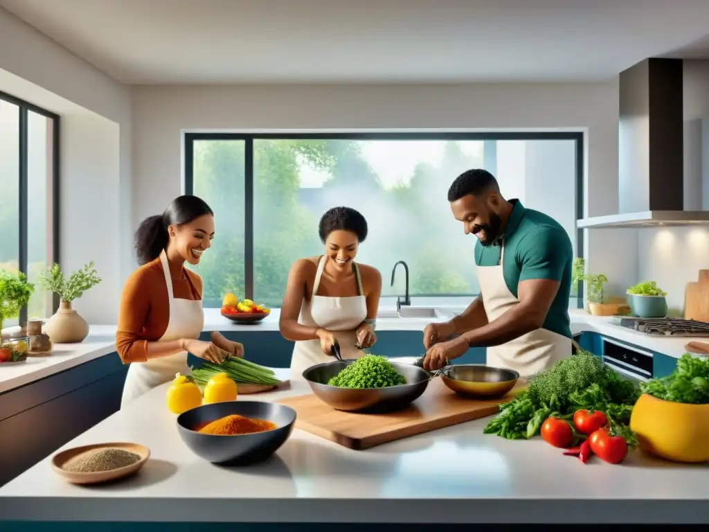 Un grupo diverso disfruta cocinando juntos en una moderna cocina, llena de ingredientes y utensilios coloridos