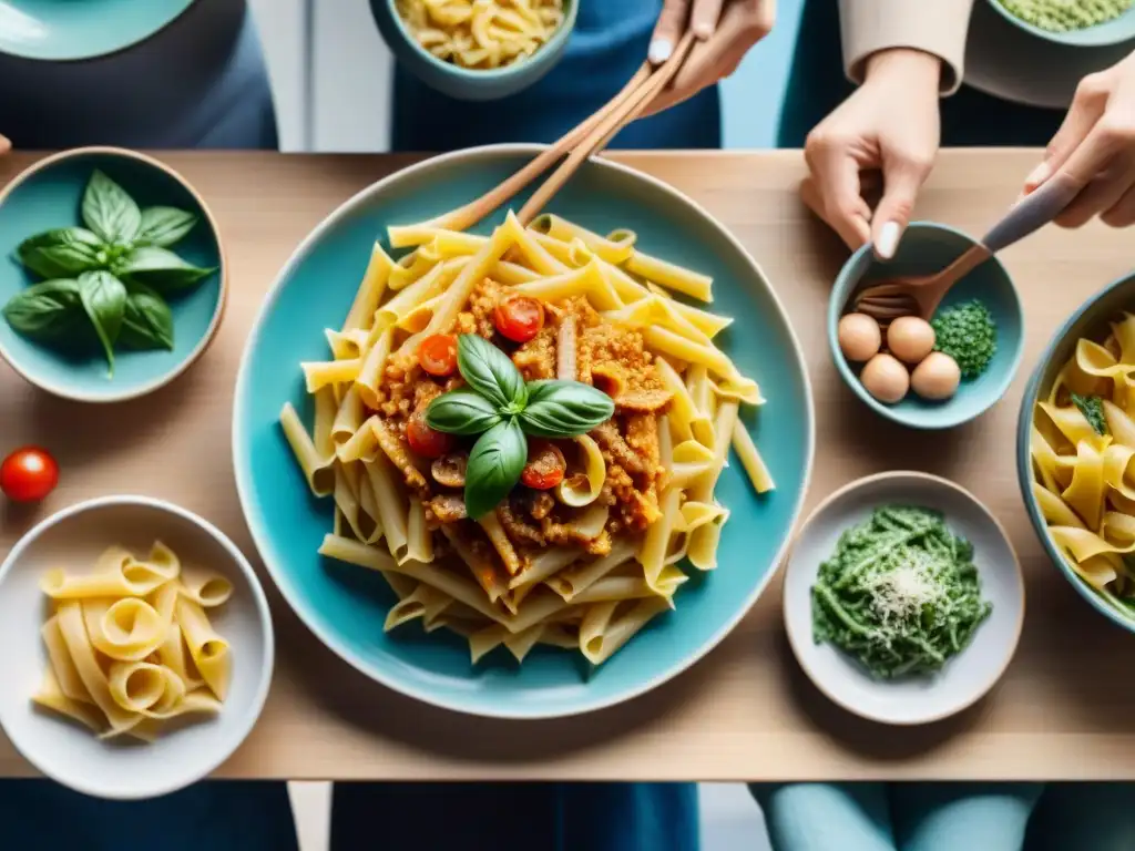 Un grupo diverso disfruta cocinando juntos pasta sin gluten en una cocina moderna y luminosa, creando un ambiente acogedor y vibrante