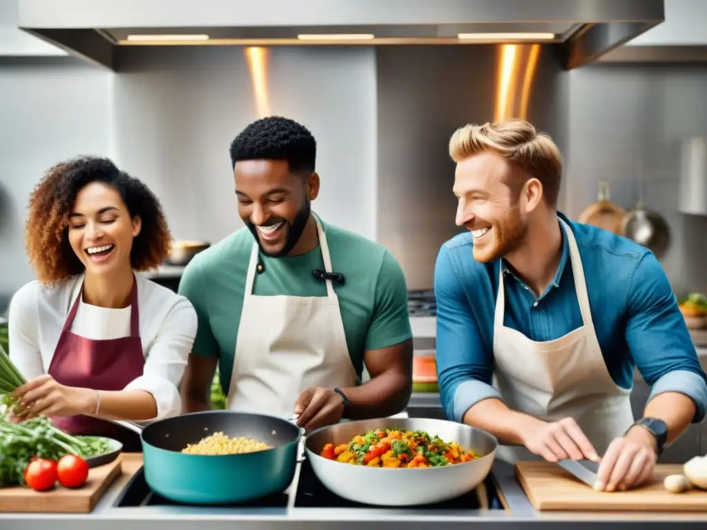 Grupo diverso disfruta cocinando juntos platos sin gluten en cocina moderna y luminosa