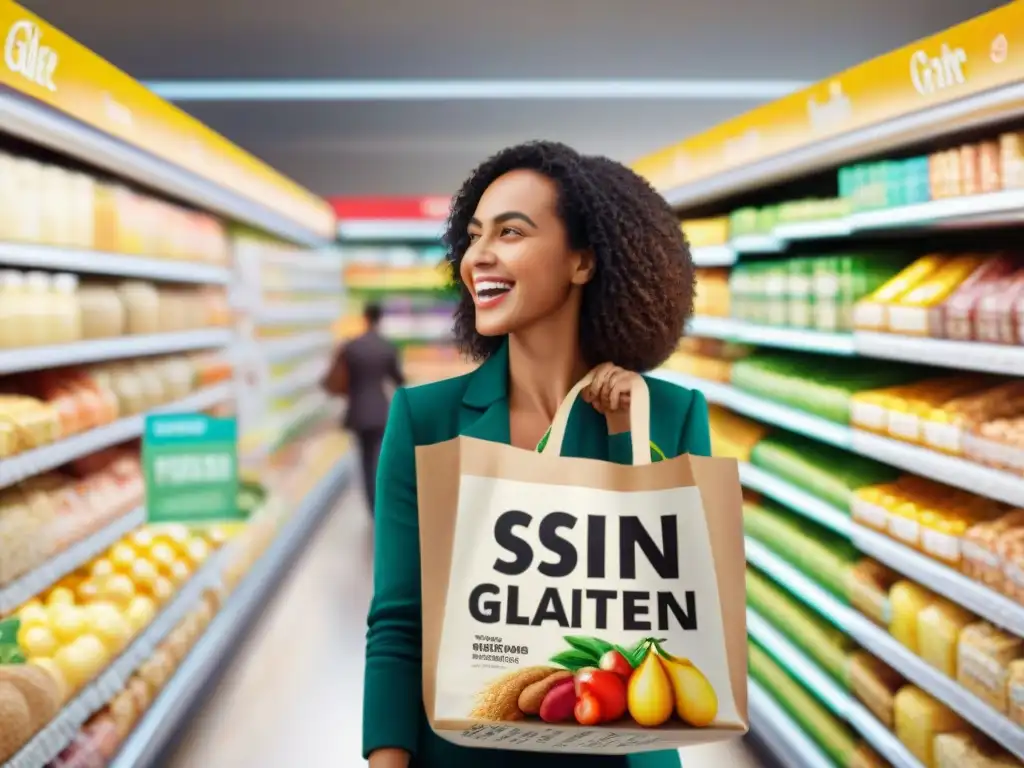 Un grupo diverso sonríe y compra juntos en un supermercado con etiquetado alimentos sin gluten