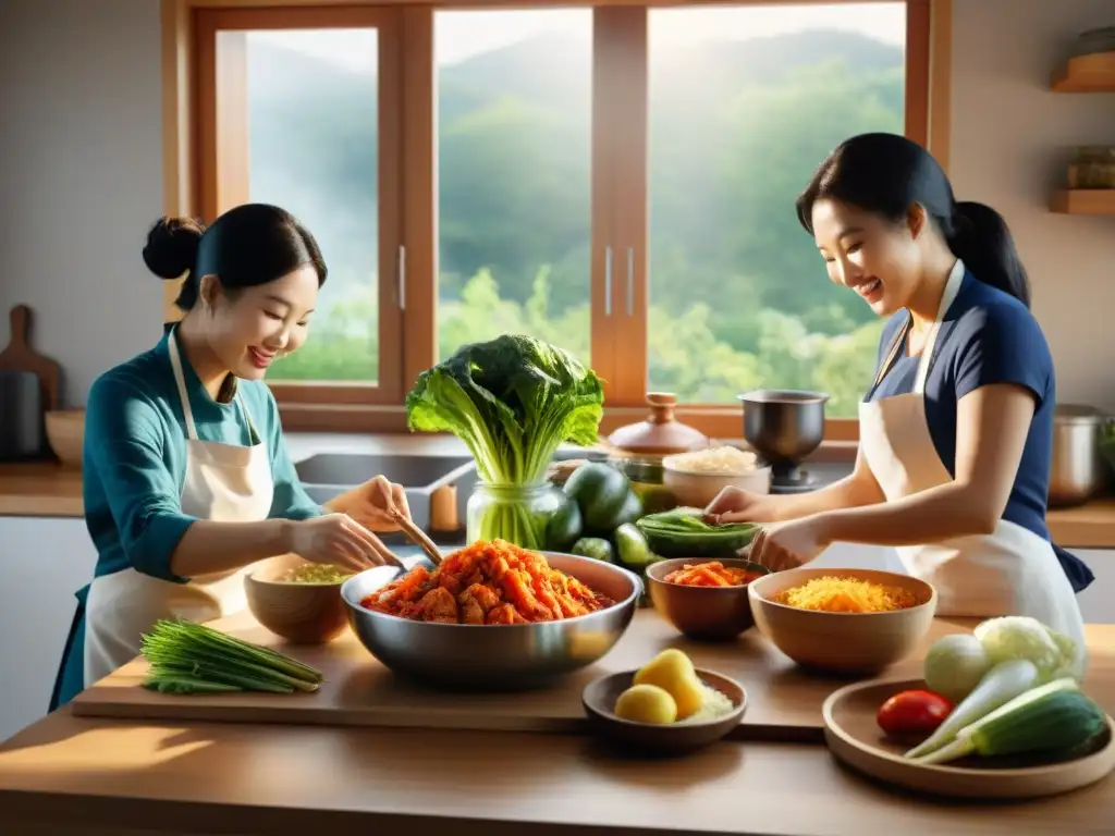 Cocina inclusiva: preparando kimchi sin gluten con alegría Un grupo diverso disfruta cocinando kimchi sin gluten juntos en una cocina acogedora y luminosa