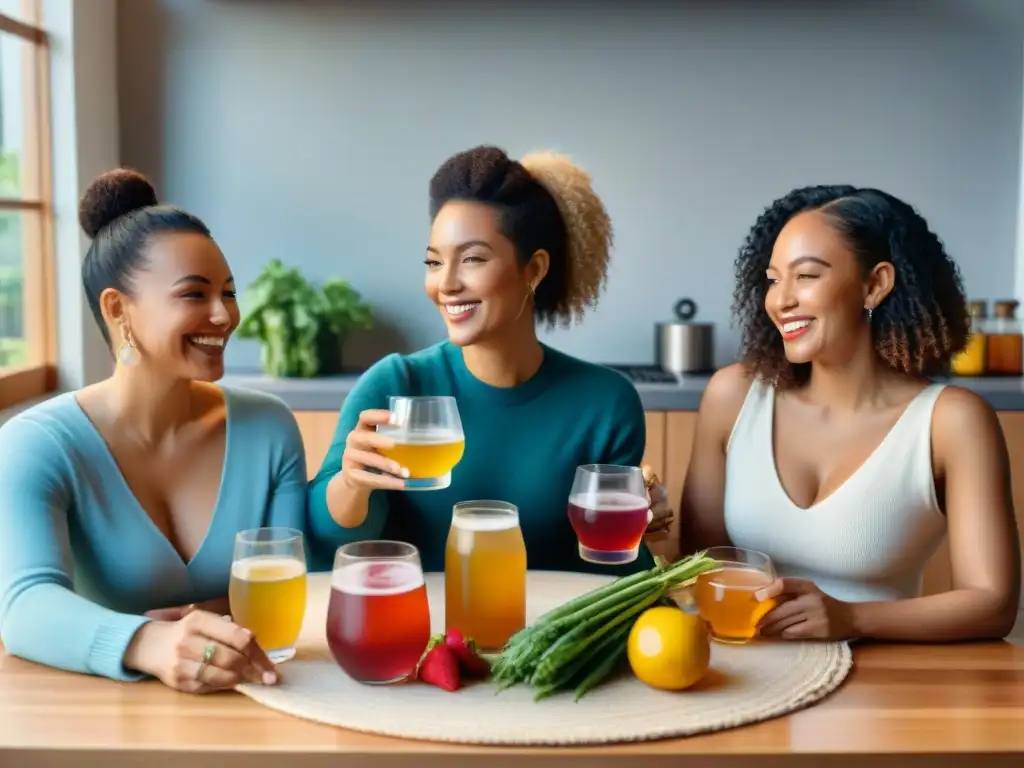 Un grupo diverso disfruta de kombucha y alimentos saludables en una cocina vibrante y acogedora