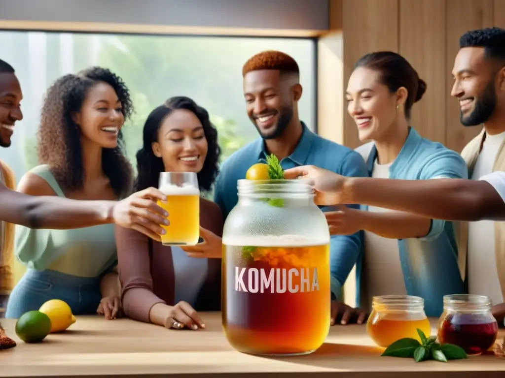 Grupo diverso preparando kombucha casera con ingredientes, en una cocina moderna