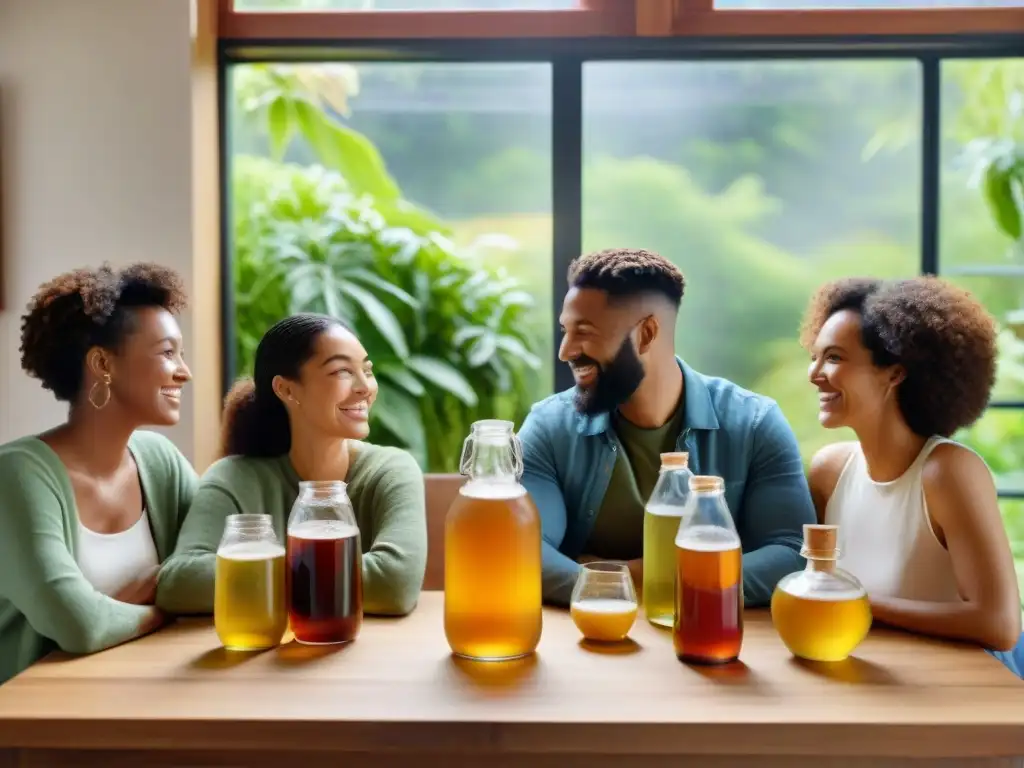 Un grupo diverso disfruta de Kombucha sin gluten en un ambiente acogedor