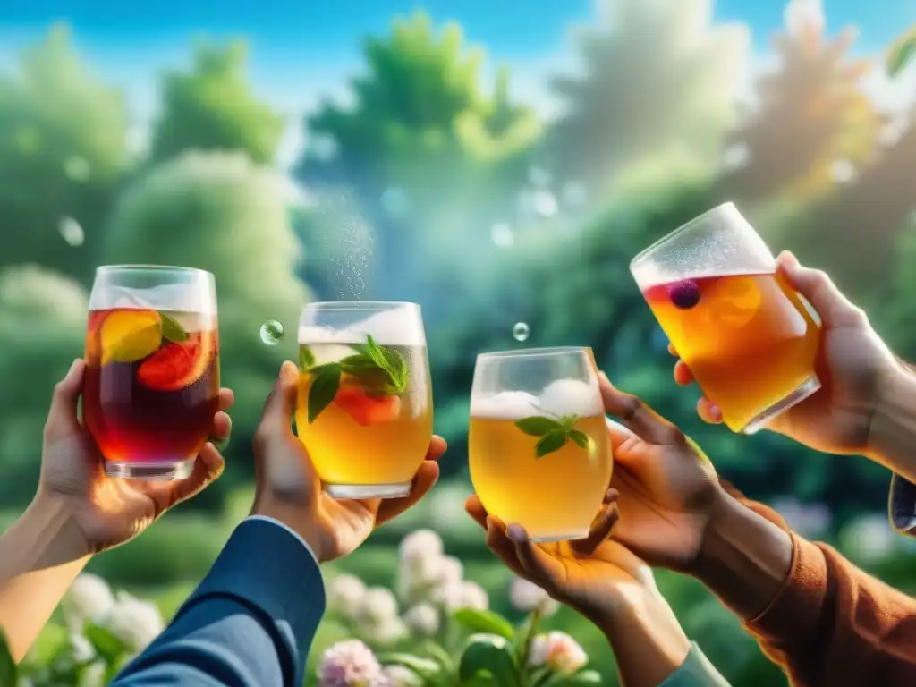 Un grupo diverso disfruta de kombucha en un jardín, transmitiendo bienestar y alegría