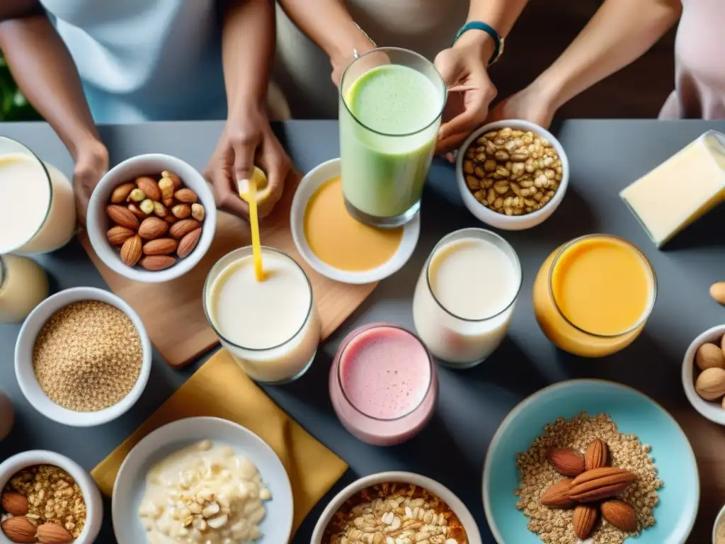 Un grupo diverso disfruta de leches vegetales sin gluten comparativa en una mesa colorida