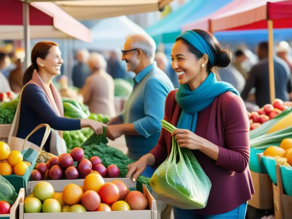 Grupo diverso disfruta comprando en un mercado lleno de frutas y verduras, reflejando vitalidad y conexión comunitaria