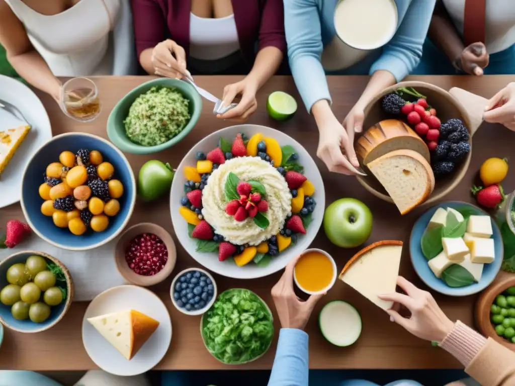 Un grupo diverso disfruta de una mesa con alimentos sin gluten, creando un ambiente cálido y acogedor