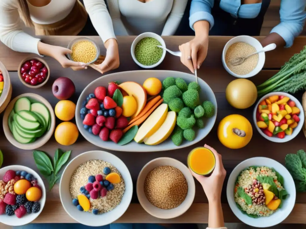 Un grupo diverso disfruta de una mesa de alimentos sin gluten, radiantes y felices