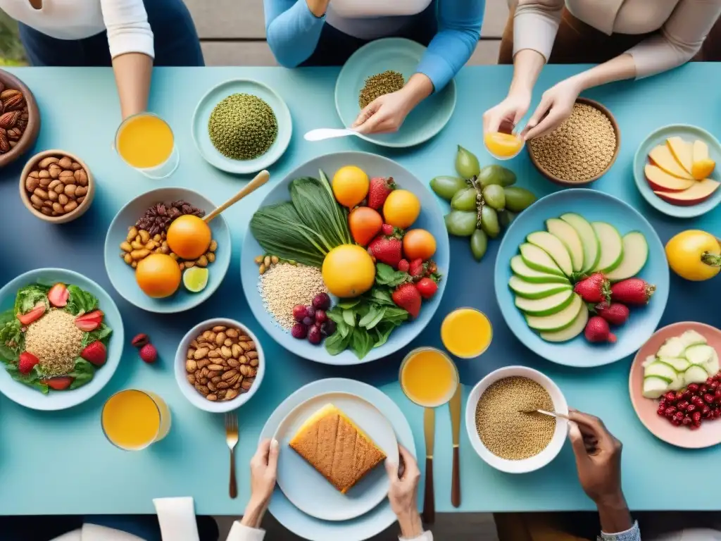 Un grupo diverso disfruta de una mesa colorida con comida sin gluten y baja en FODMAP, creando un ambiente cálido y acogedor