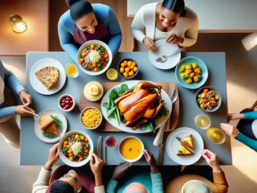 Grupo diverso sonríe alrededor de mesa con deliciosa comida sin gluten, reflejando éxito en planificación de comidas sin gluten