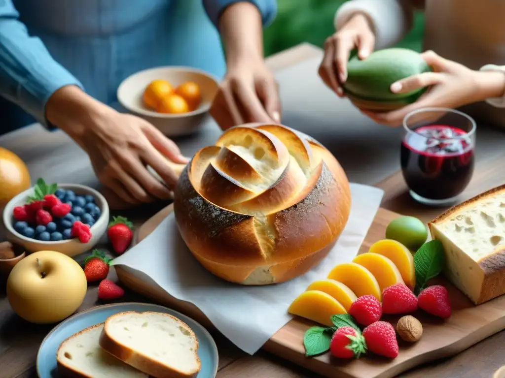 Un grupo diverso disfruta de una mesa con delicioso pan sin gluten hecho con masa madre, celebrando los beneficios con alegría y gratitud