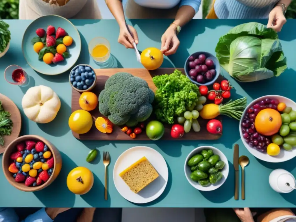 Un grupo diverso disfruta de una mesa con frutas y vegetales coloridos en una atmósfera cálida, promoviendo la Dieta FODMAP sin gluten