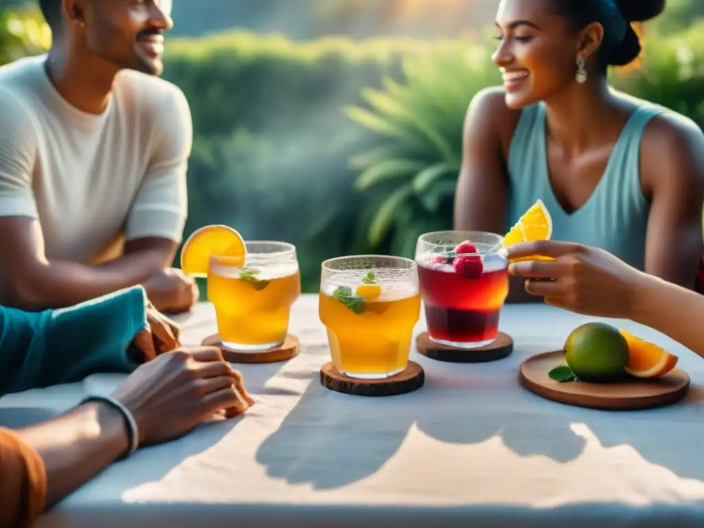 Un grupo diverso disfruta de una mesa con kombucha sin gluten personalizada al aire libre al atardecer