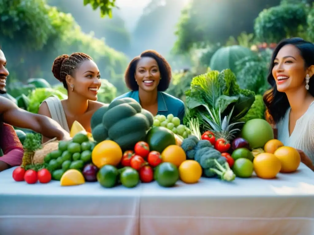 Un grupo diverso disfruta de una mesa llena de frutas y verduras bajo una luz natural, irradiando vitalidad