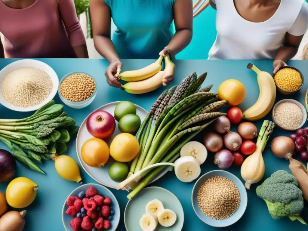 Un grupo diverso sonríe alrededor de una mesa llena de alimentos prebióticos sin gluten, transmitiendo comunidad y bienestar compartido