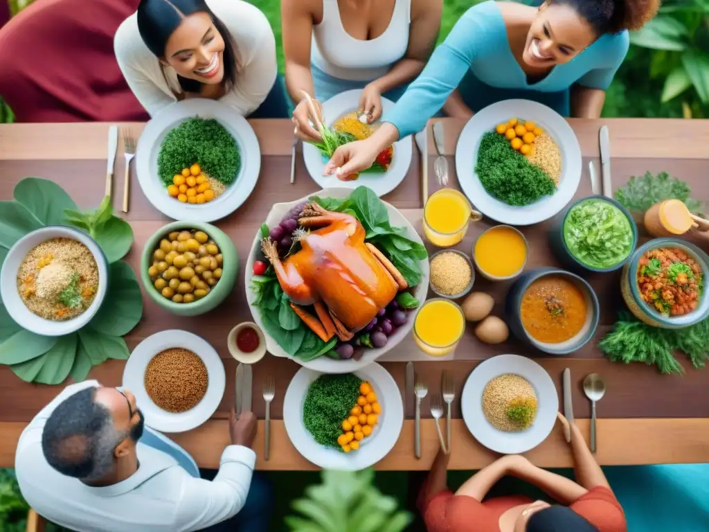 Un grupo diverso sonríe alrededor de una mesa llena de platillos sin gluten, en un ambiente cálido y acogedor