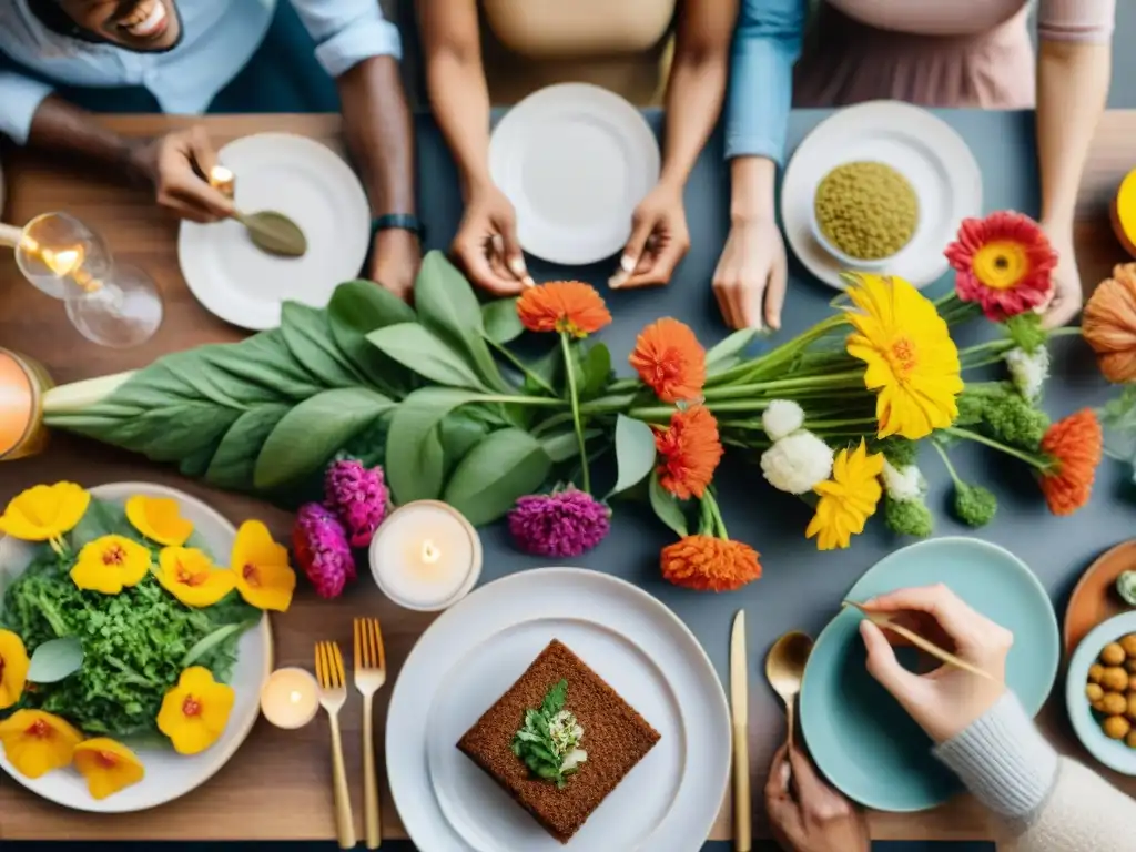 Un grupo diverso sonríe alrededor de una mesa llena de delicias veganas sin gluten, creando un ambiente cálido y acogedor