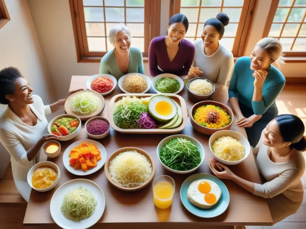 Grupo diverso sonriendo alrededor de mesa repleta de alimentos fermentados sin gluten