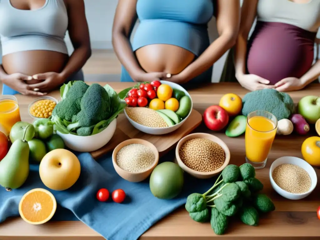 Un grupo diverso de mujeres embarazadas sonrientes, disfrutando de una mesa llena de alimentos orgánicos sin gluten en un ambiente acogedor y moderno