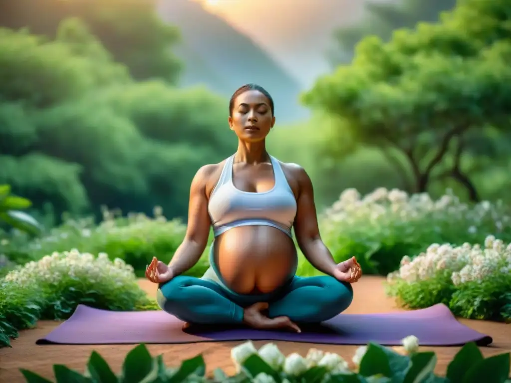 Un grupo diverso de mujeres embarazadas practicando yoga al aire libre entre la naturaleza exuberante y flores, mostrando equilibrio y fuerza