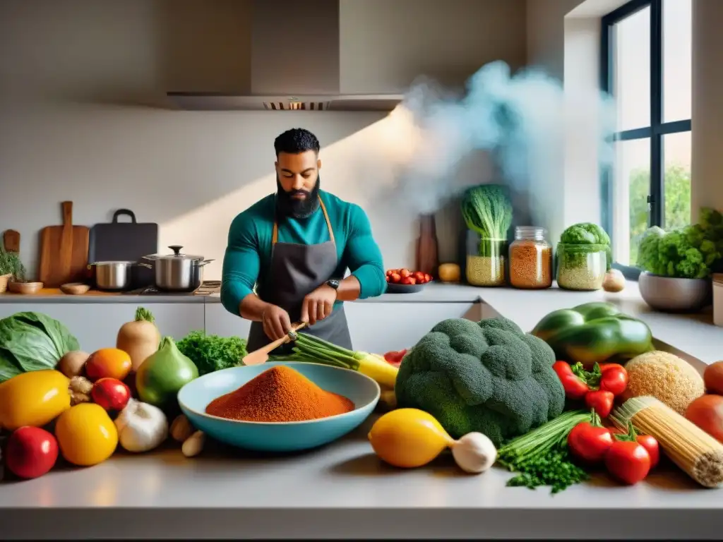 Un grupo diverso y multicultural cocina felizmente recetas sin gluten inspiradas mundialmente en una cocina moderna y luminosa