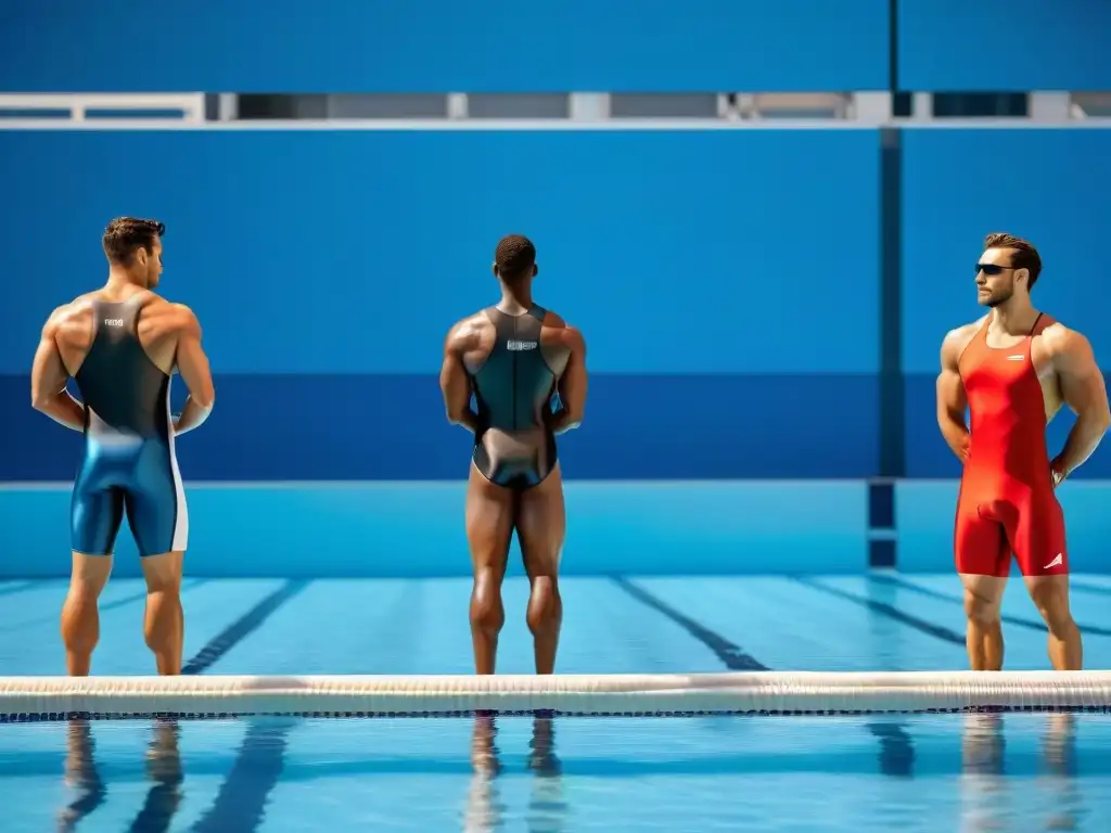 Un grupo diverso de nadadores profesionales con suplementos sin gluten, listos para competir en una piscina olímpica