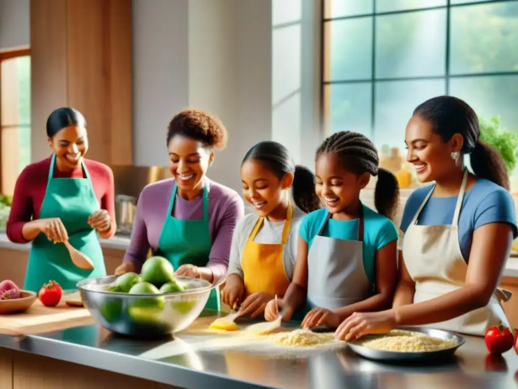 Un grupo diverso de niños disfruta de actividades divertidas en la cocina sin gluten, midiendo ingredientes y amasando con alegría