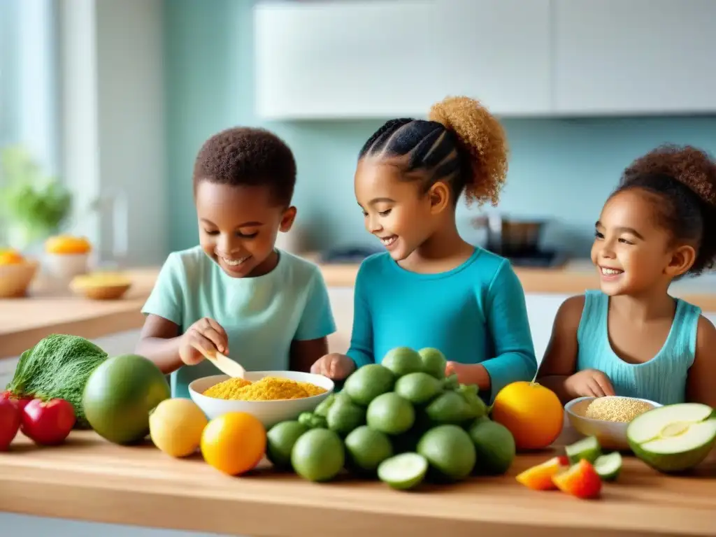 Un grupo diverso de niños prepara y comparte alimentos sin gluten seguros en una cocina luminosa y espaciosa, mostrando alegría e inclusividad