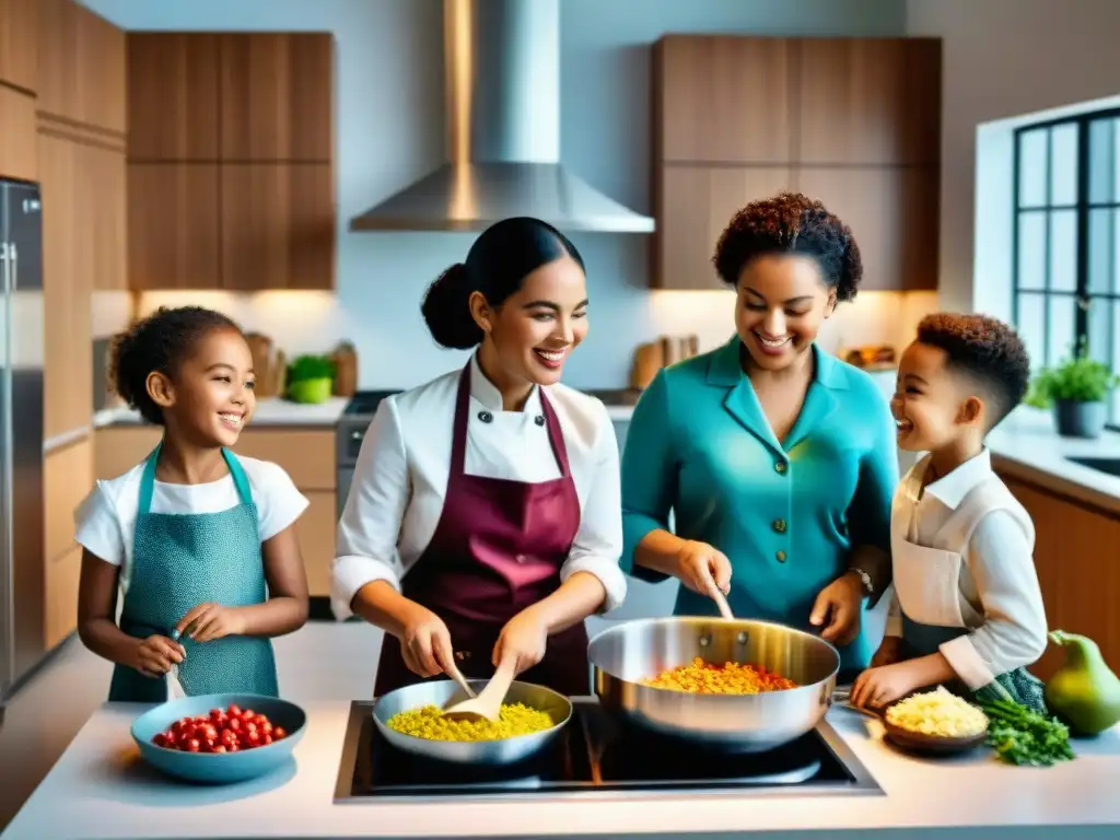 Un grupo diverso de niños felices cocinando juntos en una cocina moderna y bien equipada, preparando recetas internacionales sin gluten