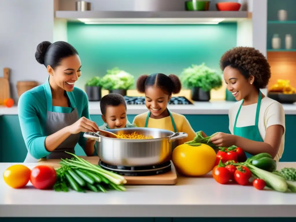 Un grupo diverso de niños felices cocinando juntos en una cocina multicultural, preparando recetas internacionales sin gluten