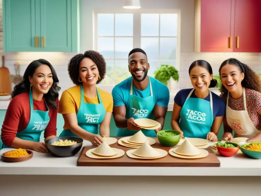 Un grupo diverso de niños felices haciendo tortillas sin gluten juntos en una cocina colorida y luminosa, destacando la creatividad y la inclusividad en la cocina para niños