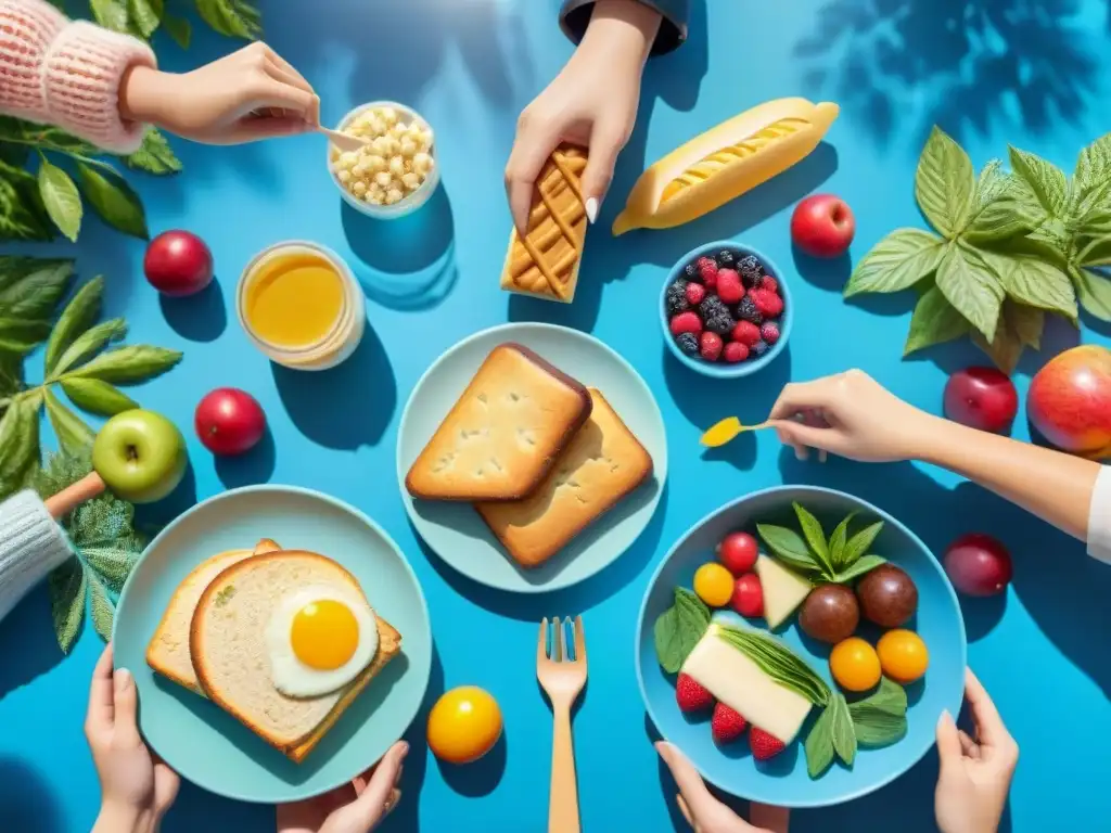 Un grupo diverso de niños felices disfrutando de un picnic con deliciosas comidas sin gluten en un parque soleado