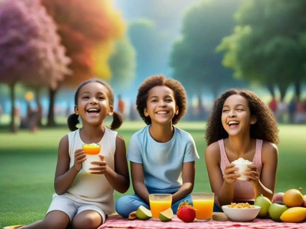 Un grupo diverso de niños felices disfruta de alimentos sin gluten en un parque soleado, transmitiendo alegría y comunidad