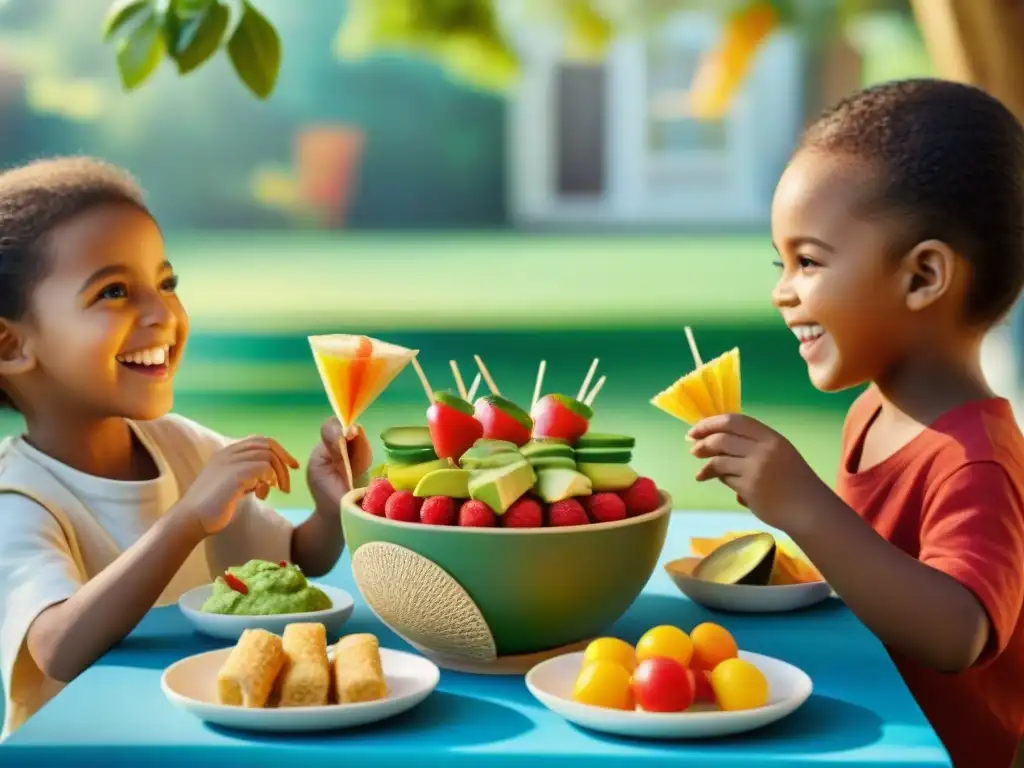 Un grupo diverso de niños felices disfruta de meriendas sin gluten al aire libre