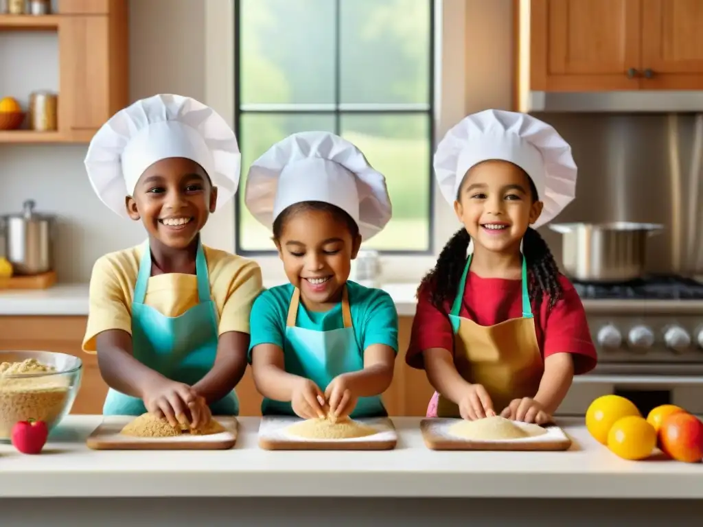 Un grupo diverso de niños felices preparando galletas sin gluten juntos en una cocina luminosa y espaciosa