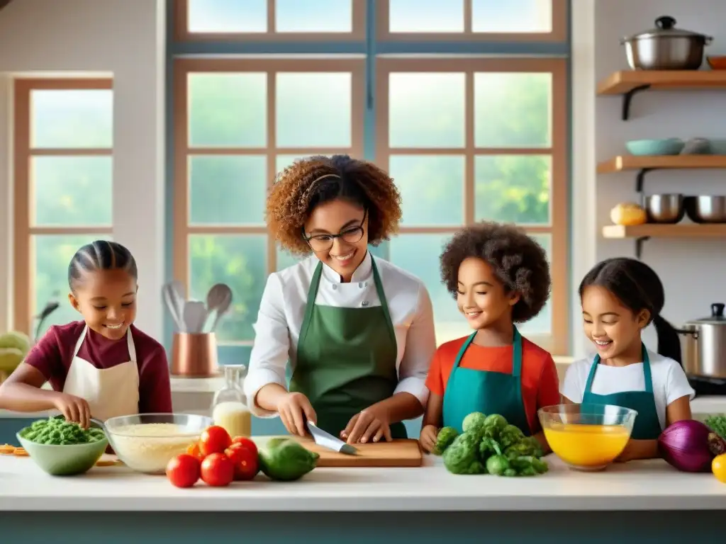 Un grupo diverso de niños felices en una clase de cocina aprendiendo a cocinar recetas sin gluten para niños