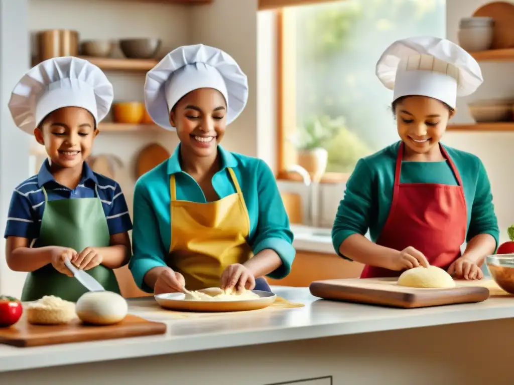 Un grupo diverso de niños felices cocinando sin gluten en una cocina luminosa, realizando actividades divertidas cocina sin gluten