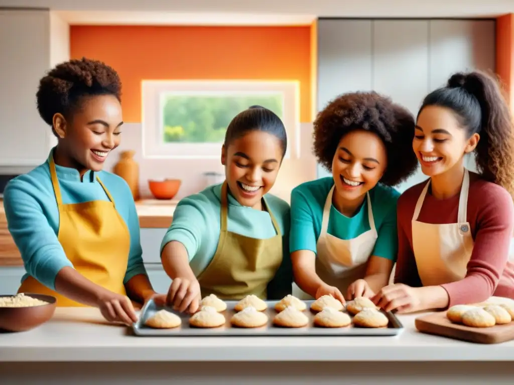 Un grupo diverso de niños felices horneando galletas sin gluten juntos en una cocina colorida y brillante