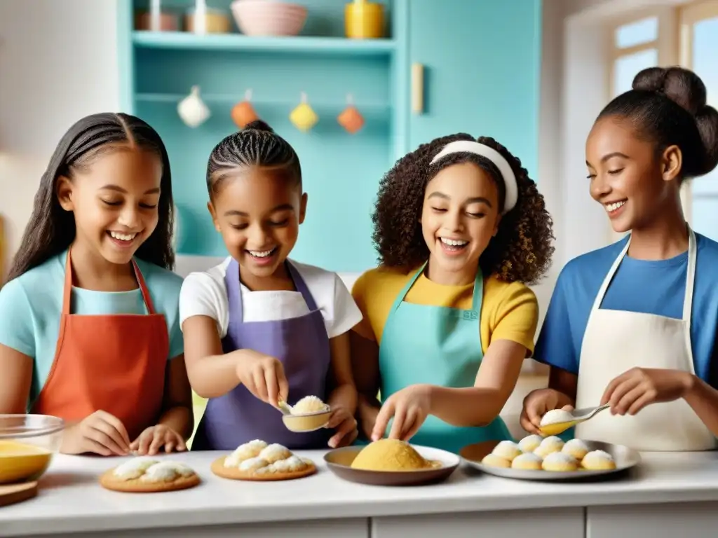 Un grupo diverso de niños hornea galletas sin gluten juntos en una cocina colorida y alegre, mostrando alegría y trabajo en equipo