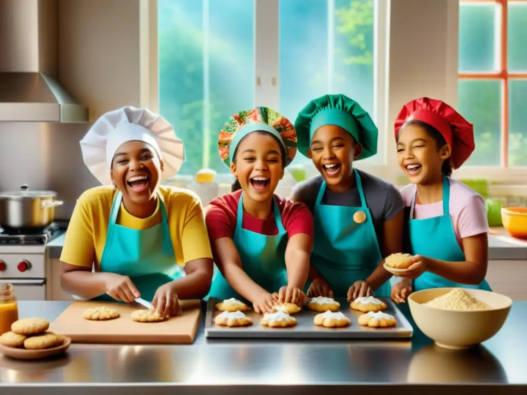 Un grupo diverso de niños se divierte horneando galletas sin gluten juntos en una cocina colorida