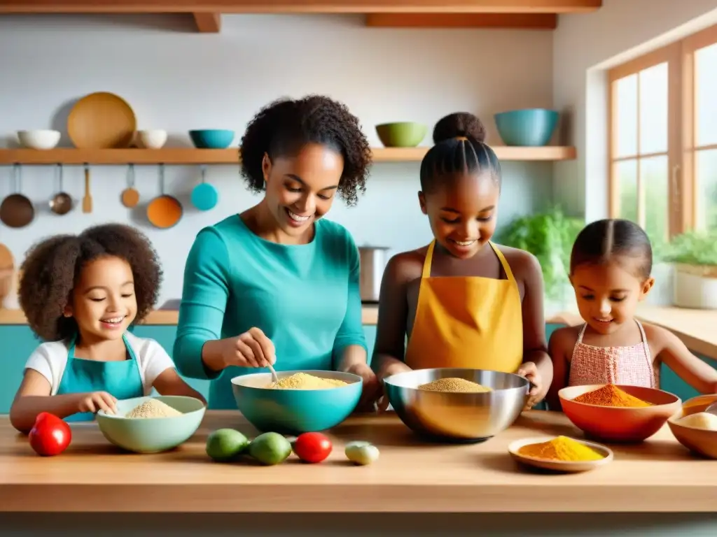 Un grupo diverso de niños prepara recetas internacionales sin gluten con entusiasmo en una cocina llena de ingredientes vibrantes y utensilios únicos