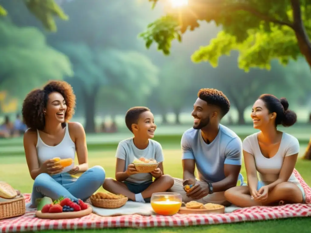 Un grupo diverso de niños sonrientes disfruta de un picnic en el parque, con snacks sin gluten