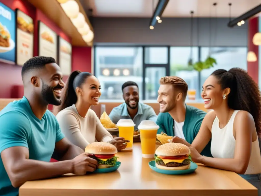 Un grupo diverso disfruta de opciones sin gluten en cadena de comida, mostrando alegría y inclusividad