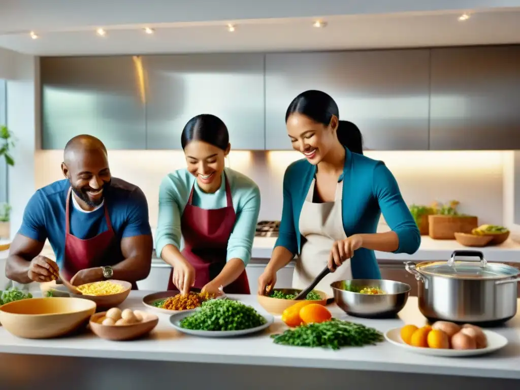 Un grupo diverso de padres sonríe y cocina juntos en una cocina moderna y luminosa, preparando alimentos sin gluten para niños