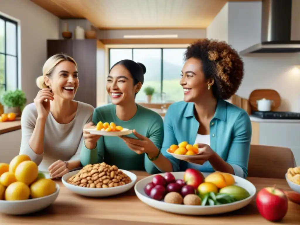 Un grupo diverso de padres sonrientes comparten meriendas sin gluten alrededor de la mesa de la cocina, creando un ambiente acogedor y de apoyo mutuo