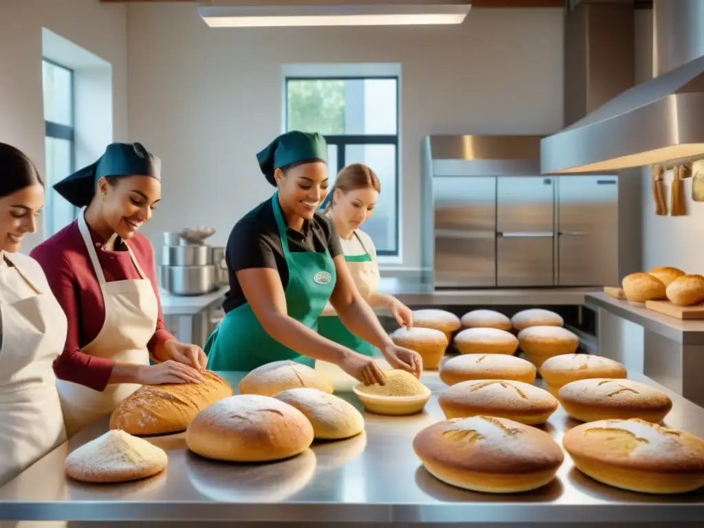 Un grupo diverso de panaderos en una cocina luminosa y espaciosa, cada uno centrado en una tarea de panificación sin gluten