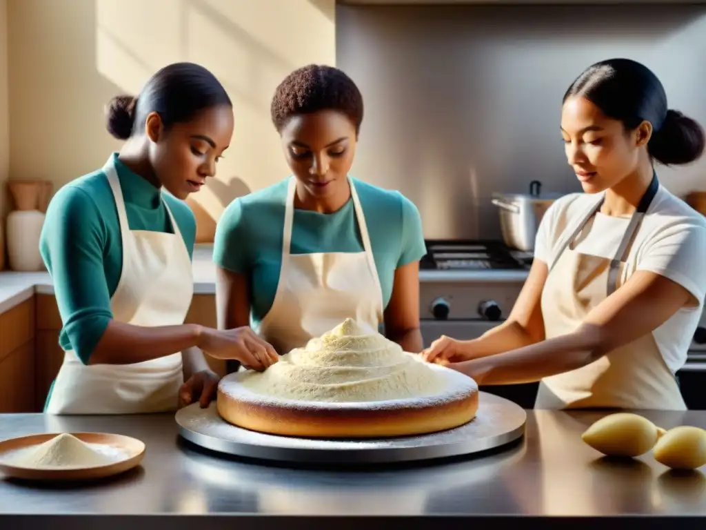 Un grupo diverso de panaderos expertos equilibra con destreza la humedad en una receta sin gluten, en una cocina soleada y acogedora