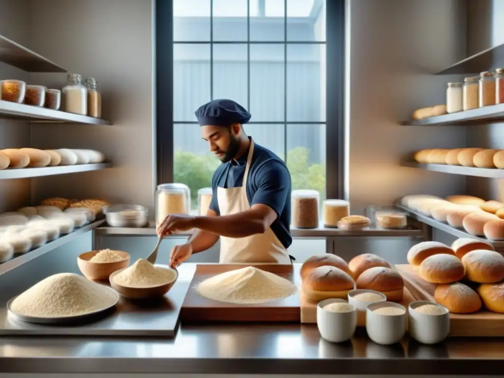 Un grupo diverso de panaderos mezcla ingredientes para un pan sin gluten perfecto en una cocina luminosa y moderna