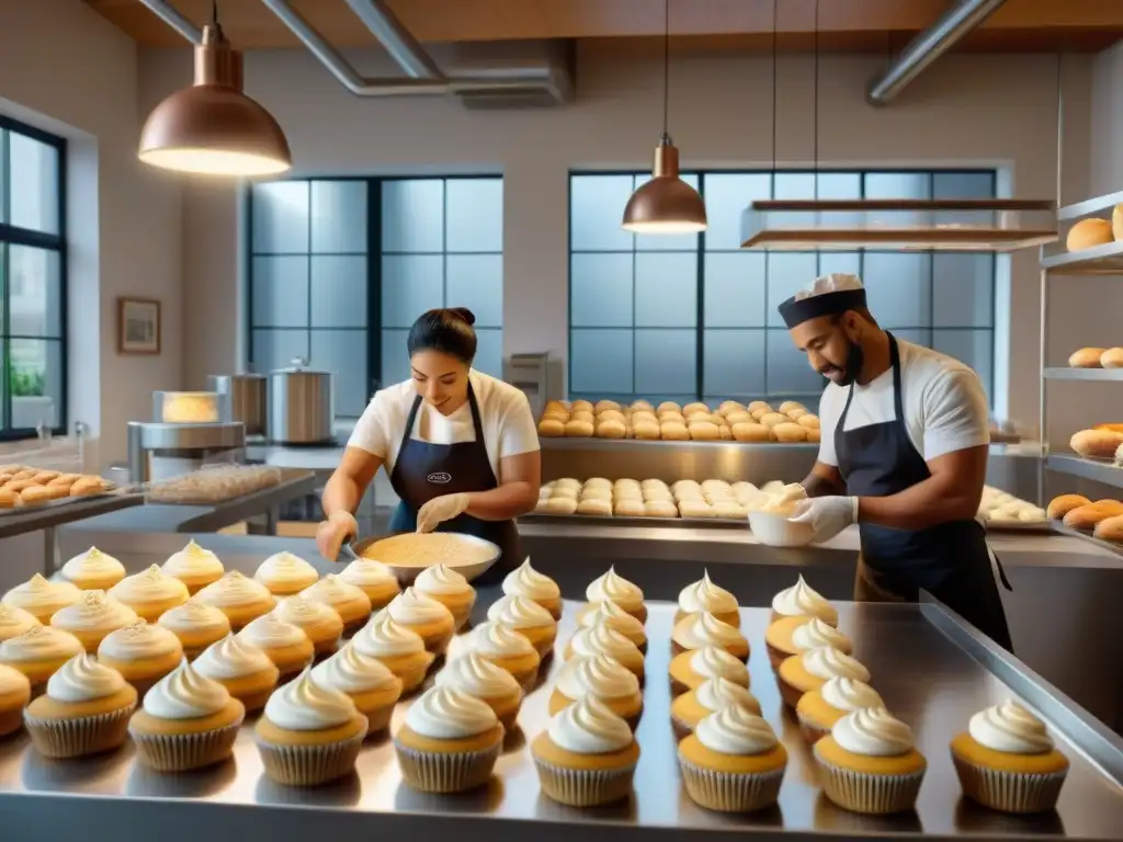 Un grupo diverso de panaderos preparando repostería sin gluten en una cocina moderna y luminosa